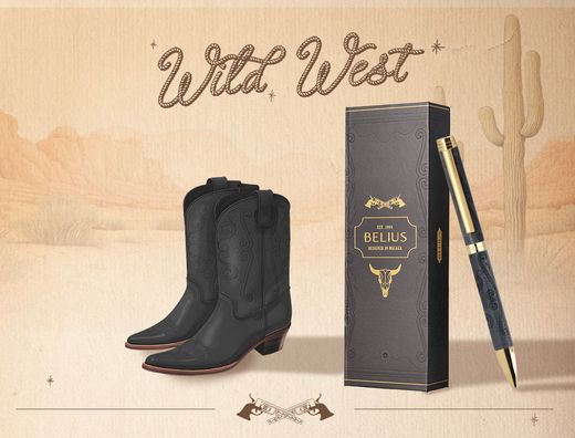 Boligrafo belius wild west aluminio color negro dorado tinta color azul caja de diseńo