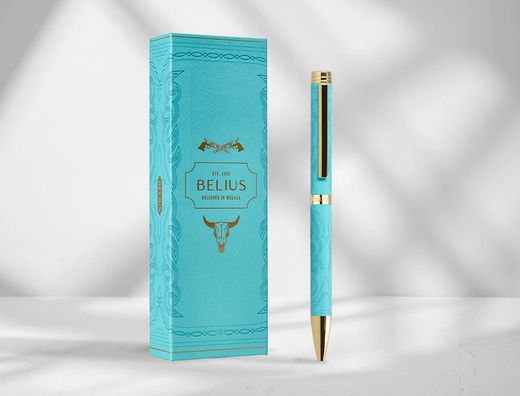 Boligrafo belius wild west aluminio color turquesa doradotinta color azul caja de diseńo