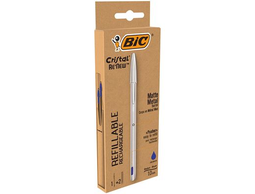 Boligrafo bic cristal renew tinta azul con cuerpo en aluminio mate mas 2 recambios en caja carton