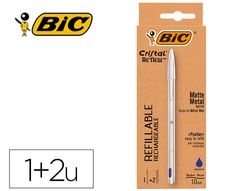 Boligrafo bic cristal renew tinta azul con cuerpo en aluminio mate mas 2 recambios en caja carton