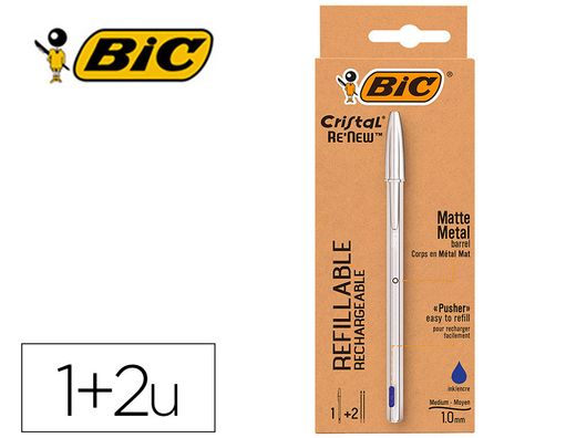 Boligrafo bic cristal renew tinta azul con cuerpo en aluminio mate mas 2 recambios en caja carton