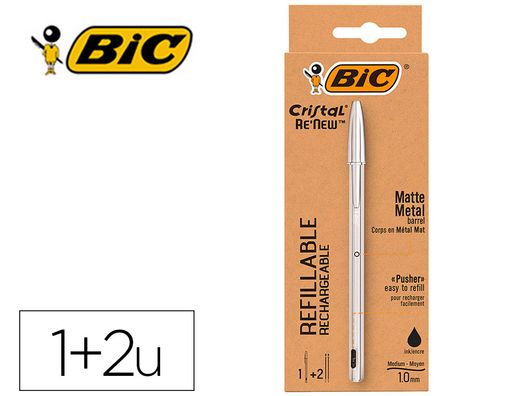 Boligrafo bic cristal renew tinta negra pack de 1 unidad + 2 recambios