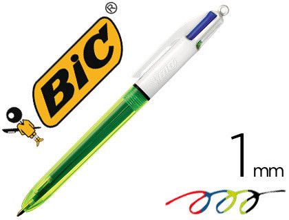 Boligrafo Bic Cuatro Colores Azul / Negro / Rojo / Amarillo Fluor Punta Media 1 Mm