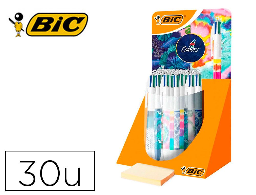 Boligrafo bic cuatro colores decorados punta de 1 mm expositor de 30 unidades