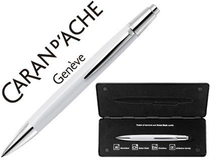 Boligrafo caran d'ache alchemix cuerpo laca blanca adornos cromados brillante con estuche punta media