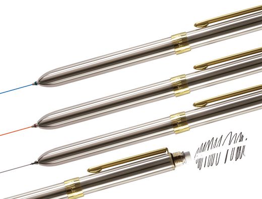 Boligrafo milan multifuncion cromado adornos dorados azul/rojo/portaminas 0,5 mm/ goma de borrar en caja metal