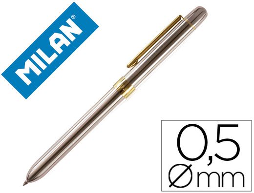 Boligrafo milan multifuncion cromado adornos dorados azul/rojo/portaminas 0,5 mm/ goma de borrar en caja metal