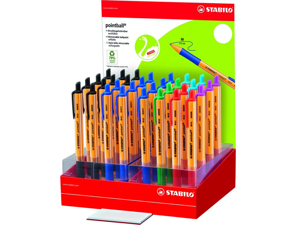 Boligrafo stabilo pointball retractil tinta aceite trazo 0,5 mm expositor de 32 unidades colores surtidos