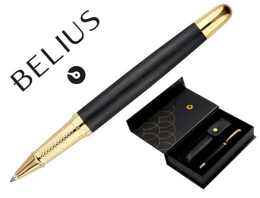 Boligrafo y estuche belius passion dor aluminio textura cepillada color negro y dorado tinta azul caja diseño