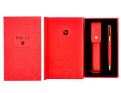 Boligrafo y estuche belius passion dor aluminio textura cepillada color rojo y dorado tinta azul caja de diseño