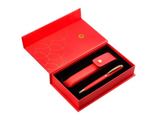 Boligrafo y estuche belius passion dor aluminio textura cepillada color rojo y dorado tinta azul caja de diseño