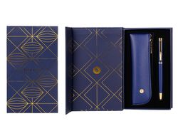 Boligrafo y estuche belius soiree color azul marino y dorado tinta azul caja de diseño