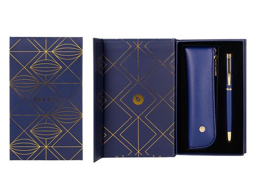 Boligrafo y estuche belius soiree color azul marino y dorado tinta azul caja de diseño
