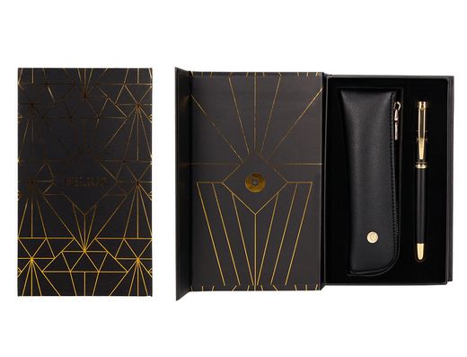 Boligrafo y estuche belius soiree color negro y dorado tinta azul caja de diseño