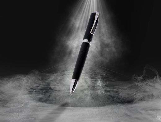 Boligrafo y estuche belius turbo aluminio textura punteada negro y plateado tinta azul caja de diseño