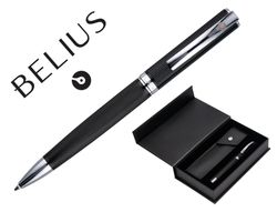 Boligrafo y estuche belius turbo aluminio textura punteada negro y plateado tinta azul caja de diseño