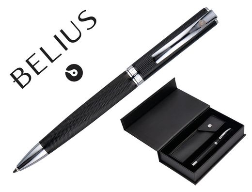 Boligrafo y estuche belius turbo aluminio textura punteada negro y plateado tinta azul caja de diseño
