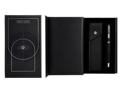 Boligrafo y estuche belius turbo aluminio textura punteada negro y plateado tinta azul caja de diseño