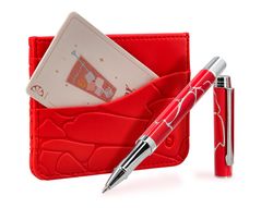 Boligrafo y wallet belius cocktails bloody mary aluminiorojo plateado relieve tinta color azul caja de diseńo