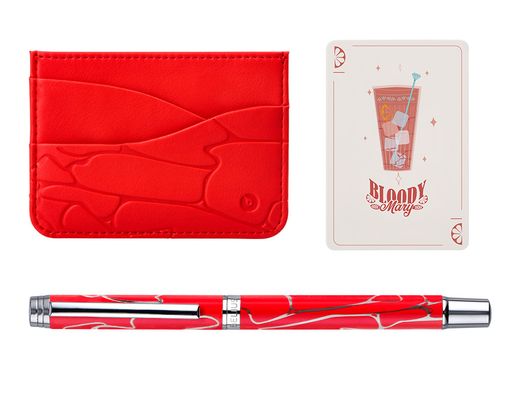 Boligrafo y wallet belius cocktails bloody mary aluminiorojo plateado relieve tinta color azul caja de diseńo