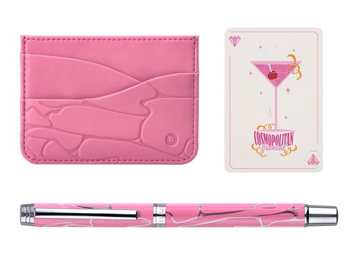 Boligrafo y wallet belius cocktails cosmopolitan aluminio rosa plateado relievetinta color azul caja diseńo