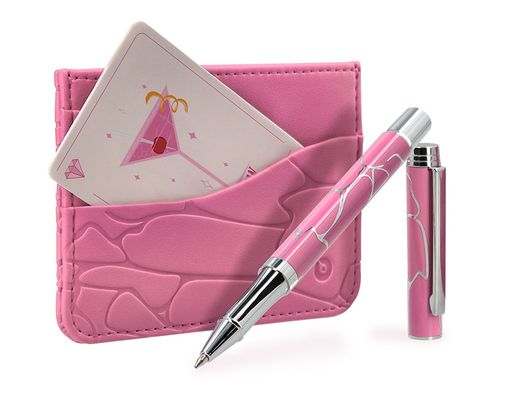 Boligrafo y wallet belius cocktails cosmopolitan aluminio rosa plateado relievetinta color azul caja diseńo