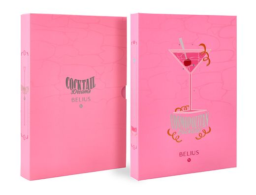 Boligrafo y wallet belius cocktails cosmopolitan aluminio rosa plateado relievetinta color azul caja diseńo