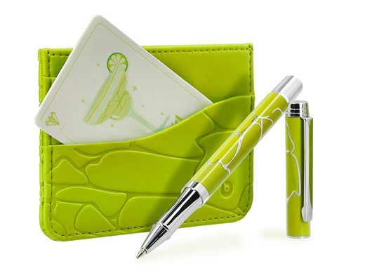Boligrafo y wallet belius cocktails margarita aluminio verde lima plateado relieve tinta color azul caja de