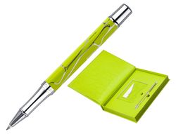 Boligrafo y wallet belius cocktails margarita aluminio verde lima plateado relieve tinta color azul caja de