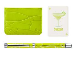 Boligrafo y wallet belius cocktails margarita aluminio verde lima plateado relieve tinta color azul caja de