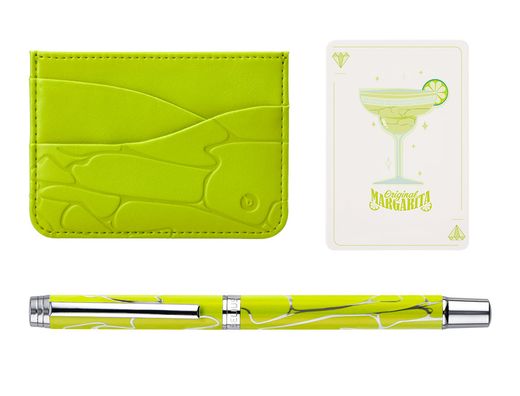 Boligrafo y wallet belius cocktails margarita aluminio verde lima plateado relieve tinta color azul caja de