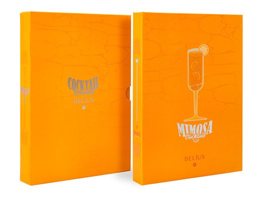 Boligrafo y wallet belius cocktails mimosa aluminio naranja plateado relieve tintacolor azul caja de diseńo