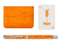 Boligrafo y wallet belius cocktails mimosa aluminio naranja plateado relieve tintacolor azul caja de diseńo