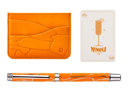 Boligrafo y wallet belius cocktails mimosa aluminio naranja plateado relieve tintacolor azul caja de diseńo
