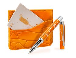 Boligrafo y wallet belius cocktails mimosa aluminio naranja plateado relieve tintacolor azul caja de diseńo