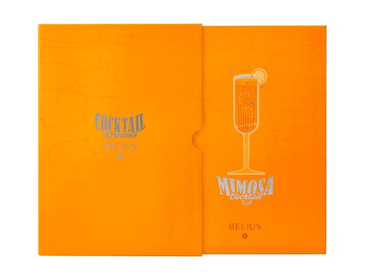 Boligrafo y wallet belius cocktails mimosa aluminio naranja plateado relieve tintacolor azul caja de diseńo