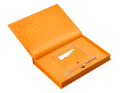 Boligrafo y wallet belius cocktails mimosa aluminio naranja plateado relieve tintacolor azul caja de diseńo