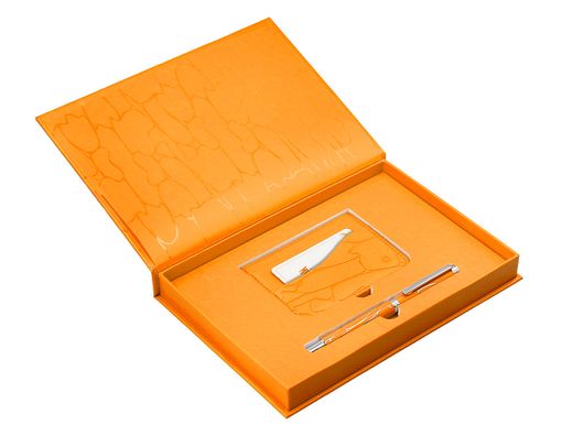 Boligrafo y wallet belius cocktails mimosa aluminio naranja plateado relieve tintacolor azul caja de diseńo