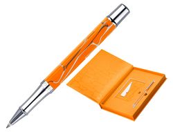 Boligrafo y wallet belius cocktails mimosa aluminio naranja plateado relieve tintacolor azul caja de diseńo