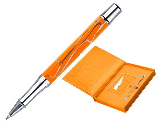Boligrafo y wallet belius cocktails mimosa aluminio naranja plateado relieve tintacolor azul caja de diseńo