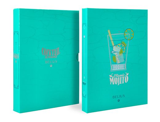Boligrafo y wallet belius cocktails mojito aluminio verde plateado relieve tinta color azul caja de diseńo