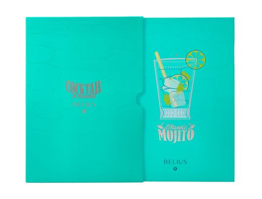 Boligrafo y wallet belius cocktails mojito aluminio verde plateado relieve tinta color azul caja de diseńo