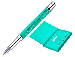 Boligrafo y wallet belius cocktails mojito aluminio verde plateado relieve tinta color azul caja de diseńo