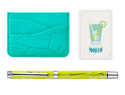Boligrafo y wallet belius cocktails mojito aluminio verde plateado relieve tinta color azul caja de diseńo