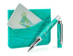 Boligrafo y wallet belius cocktails mojito aluminio verde plateado relieve tinta color azul caja de diseńo