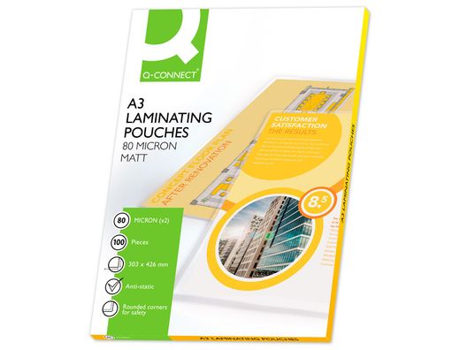Bolsa de plastificar q-connect 303 x 426 mm 80 mc din a3 mate caja de 100 unidades