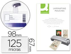 Bolsa de plastificar q-connect 67 x 98 mm 125 mc con clip para tarjetas de visita caja de 25 unidades