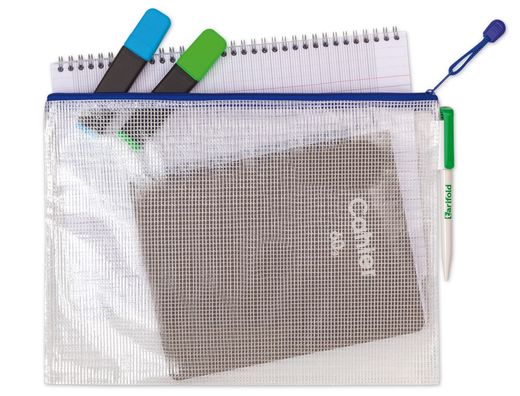 Bolsa multiusos tarifold pvc din a6 apertura superior con cremallera portaboligrafo y correa azul