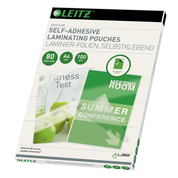 Bolsas plastificación Leitz DIN A4. Dorso adhesivo. (Caja 100) 80 micras