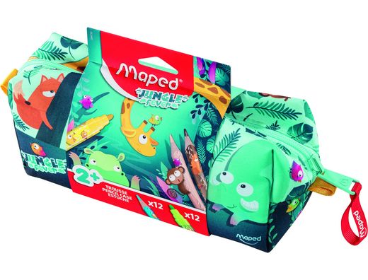 Bolso escolar portatodo maped ungle fever con 12 rotuladores colores surtidos + 12 lapices de colores